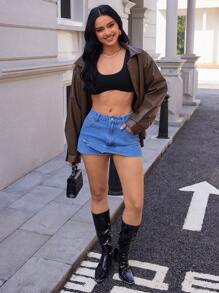 SHEIN Essnce Fashionable Versatile Ruffled Lotus Edge Denim Mini Skirt For Women - Light Wash - View 3