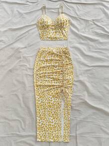 Soleia Spódnica w stylu casual vacation z kwiatowym wzorem i ściągaczem w talii i rozcięciem u dołu