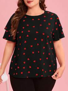 Reflora 大码女式心形印花圆领荷叶边袖衬衫