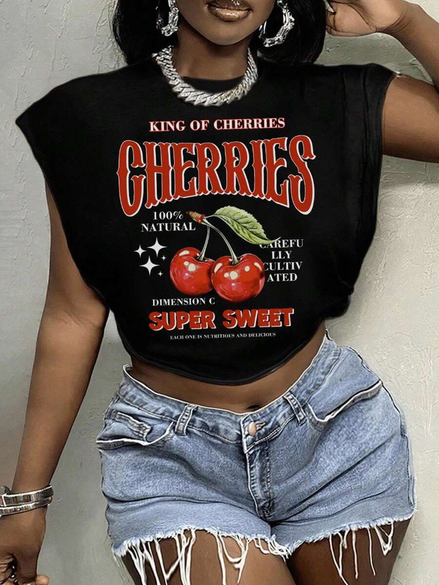 Slaydiva Casual Minimalist Plus Size Cherry Slogan T-Shirt, Suitable For Summer