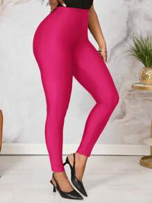 SHEIN Lady Women's Luminous Green Stretch Leggings - Hot Pink - View 1