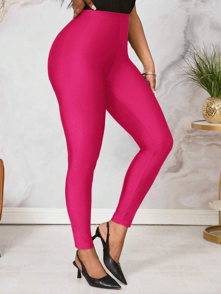 SHEIN Lady Women's Luminous Green Stretch Leggings - Hot Pink - View 1