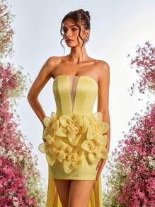 SHEIN Belle Elegant, Romantic, Sexy, Yellow, Satin, Strapless Tube Three-Dimensional Floral Dress, Back Strap Adjustment, Back Drop, Tail Wedding Guest Dress, Vacation, Wedding Event, Graduation, Date, Birthday, Prom, Cocktail Dress, Party Dress,Graduation,Graduation Dresses For Women,Back To School Dress