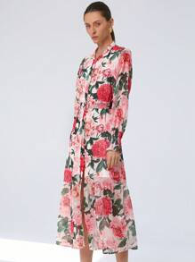 Aveloria Modichic 优雅通勤立领雪纺花卉印花拼色褶皱腰前扣长袖连衣裙 - 彩色 - 查看 3