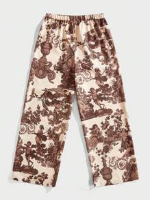 Forever 21 男士休闲超宽松蓝白宫廷风阔腿长裤 - 棕色 - 查看 2