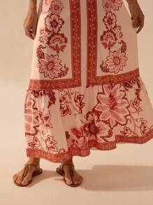 CAJUNI Vestido largo de verano casual con estampado floral tropical bohemio, escote halter, espalda abierta con cordón en la cintura, ideal para playa y vacaciones