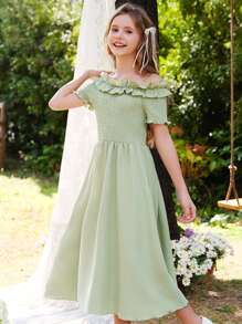 SHEIN Tween Girls Elegant Sage Green Summer Party Dress,Strapless Off Shoulder Tulle Puff Sleeve Bow Formal Short Dresses For Vacation Spring Wear - Green - View 10