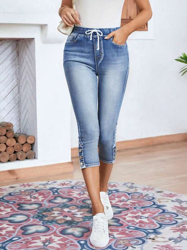 EMERY ROSE Drawstring Waist Button Hem Skinny Jeans