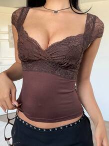 SHEIN EZwear Lace Cami Tank Top, Solid Color, Simple & Fashionable Casual Day-To-Day