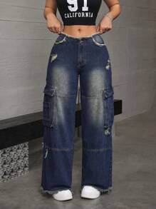 SHEIN ICON Women's Casual Washed Distressed Wide Leg Cargo Jeans - Navy Blue - View 3