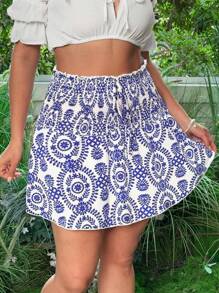 Flirla Damen Große Größen Lässig bedruckter Rüschen-Saum Strandrock, vielseitig & modisch, Frühling/Sommer