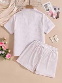 2 件套女童休闲纯色弹力缎面蝴蝶结提花短袖短裤家居服套装 - 淺粉色 - 查看 2