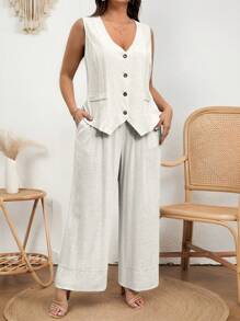 SHEIN Clasi Plus Size Vacation Casual Solid Color Tank Top And Pants 2 Pieces Set   Rave Outfits Festival  Old Mone Boho Elegant  Business Casual Vacation 
Business Casual Woman - Apricot - View 5