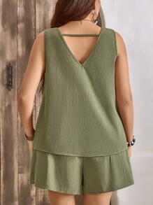 SHEIN LUNE Plus Size Women Jednorzędowy Top Bez Rękawów I Szorty Casualowy Garnitur Damski