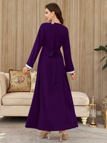 Al Najma Elegant Embroidered Rope Panel & Luxurious Purple Splice Glamorous Ladies Dress Kaftan Jalabiya Dress - Purple - View 2