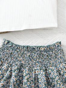 Tween Girls Solid Color Striped Cross-Neck Top And Floral High-Waist Cake Skirt Two-Piece Set, Vacation, Suitable For Spring Vacation, Music Festival, Easter, Back To School, Party Lunch Cute And Interesting Garden Afternoon Tea - Green - View 5