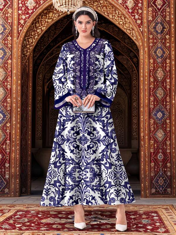 Al Najma Women's Elegant Moroccan Caftan Dress: Embroidered V-Neck Arabian Dress For Special Occasions, Modest Kaftan
