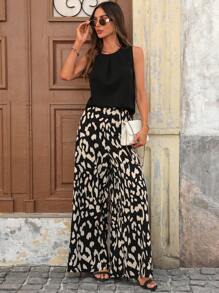 SHEIN Clasi Plus Size Women 2 Pieces Sets, Elegant 2 Pc Sets Sleeveless Shirt With Long Pants, Suitable For Going Out