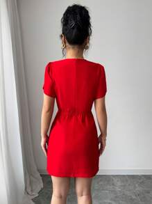 SHEIN Unity 女士优雅新款连衣裙，圆领开衩短袖可拆卸缎面蝴蝶结装饰迷你连衣裙 - 紅色 - 查看 2