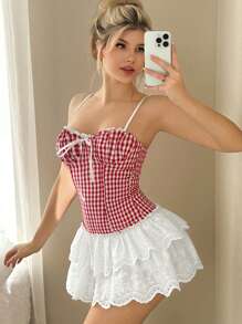 Sweetina Women's Y2k Spring Summer Outfits For Women Camisole Contrast Red Plaid Mini Dress With Ruffle Hem - Multicolor - View 2