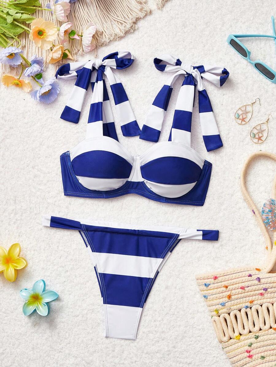 SHEIN MOD Women's Wide Striped Tie-Front Bikini Set For Beach Vacation, Swim Suits For Women Bikini Sets - Multicolor - View 1