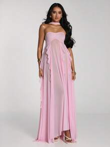 SHEIN BAE Women's Solid Color Ruffled Halter Backless Sleeveless Dress Coverup