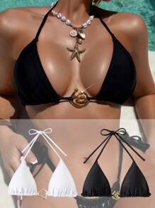 SHEIN Swim Spring Break New Multi-Color Triangle Halter Tie Minimalist Bikini Set For Women