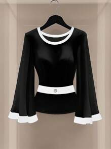 Elenzga Women's Elegant Commuting Color Block Flared Cuff Blouse