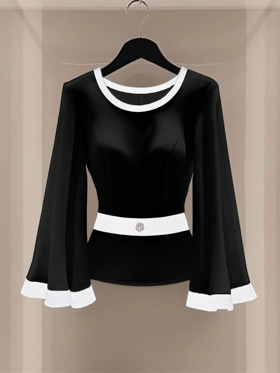 Elenzga Women's Elegant Commuting Color Block Flared Cuff Blouse