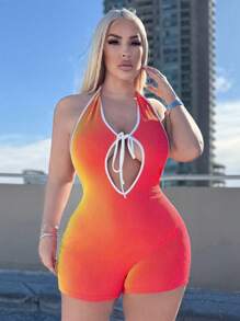 SHEIN SXY Plus Size Women's Sexy Spring And Summer Music Festival Tie Neck Backless Colorful Striped Jumpsuit,Suitable For Fall & Winter, White Christmas Eve Costume Party, Date Night, Birthday, Bachelorette Party Outfit, Cute, Casual, Shopping, Streetwear, Going Out, Easy To Match & Looks Slim, Accent Your Body, Flatter The Figure - Multicolor - View 6