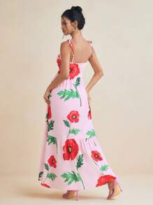 BELANGE HANDMADE Designer Women's Pink Floral Print Tie-Up Shoulder Straps Slit Ruffle Hem Long Sundress, Valentine's Day Date Party Spring Summer Dress, Concert Outfit, Rave Outfits Pastel, Prom Dress, Brunch Outfits, Tea Party Dress, For Festival, Spring Break