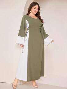 Graceveil Vestido estilo árabe con cuello redondo, diseño modesto de parches y lazo lateral para mujer talla grande