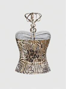 ROMWE Grunge Punk Y2K Vintage Sexy Leopard Pattern Metallic Beaded Collar Decorative Strapless Tank Top
