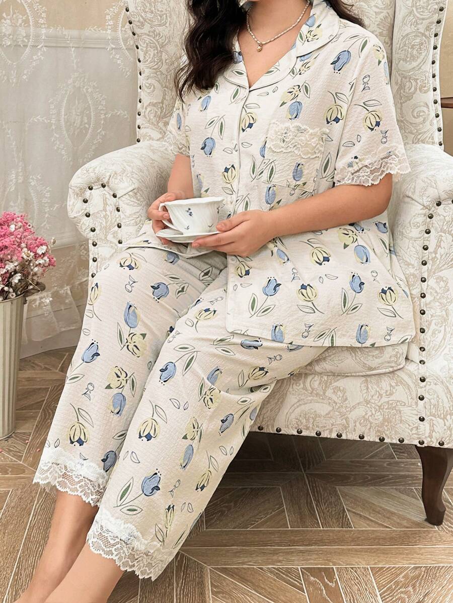 Plus Size Lace Trim Bubble Print Short Sleeve Pajama Set - Apricot - View 1