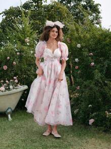 SHEIN MOD Rosa Blumen Muster Puff Taille Rock, geeignet für Urlaub, Reise, Date, Nachmittagstee - Verschiedenfarbig - Übersicht 7