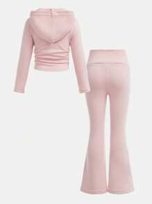 Hanevo 2 件套年轻女孩街头时尚运动装，灰色连帽衫和喇叭裤，休闲秋冬 - 粉色 - 查看 2