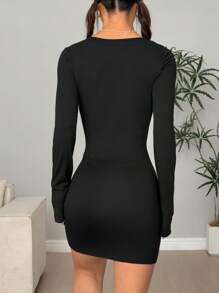 Lunelith SHEIN Lunessa Vestido informal de manga larga, ajustado, cuello cuadrado y unicolor, minimalista y de moda para uso diario para mujer