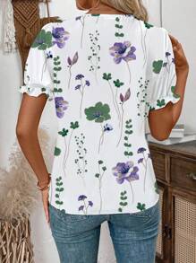 SHEIN LUNE Áo cánh tay bồng ren họa tiết hoa tương phản dành cho nữ, hoàn hảo cho kỳ nghỉ - Màu tím - Xem 2