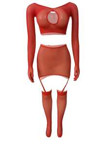 2pcs Women's Hollow-Out Sexy Mesh Top & Mini Skirt Set