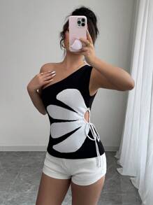 Chiquease Women's Spring/Summer Asymmetric Neck Black & White Floral Drawstring Waist Knit Top - Black - View 6