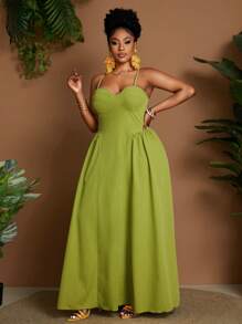 Maweii 大码女式纯色褶饰吊带中长连衣裙，时尚休闲