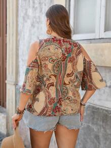 SHEIN VCAY Plus Size Women Floral Print Off Shoulder Short Sleeve Casual Bluzka Boho Women Clothing Boho Outfits Women Boho Bluzka