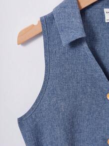 SHEIN Tween 女童休闲时尚无袖纯色编织连体衣 - 藍色 - 查看 5