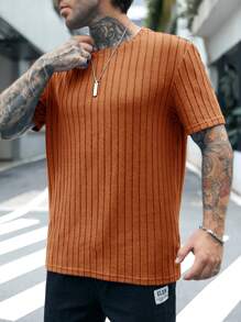 GENTILAND Casual Minimalist Crew Neck Ribbed Knit Short Sleeve Fitted T-Shirt - Orange - View 5