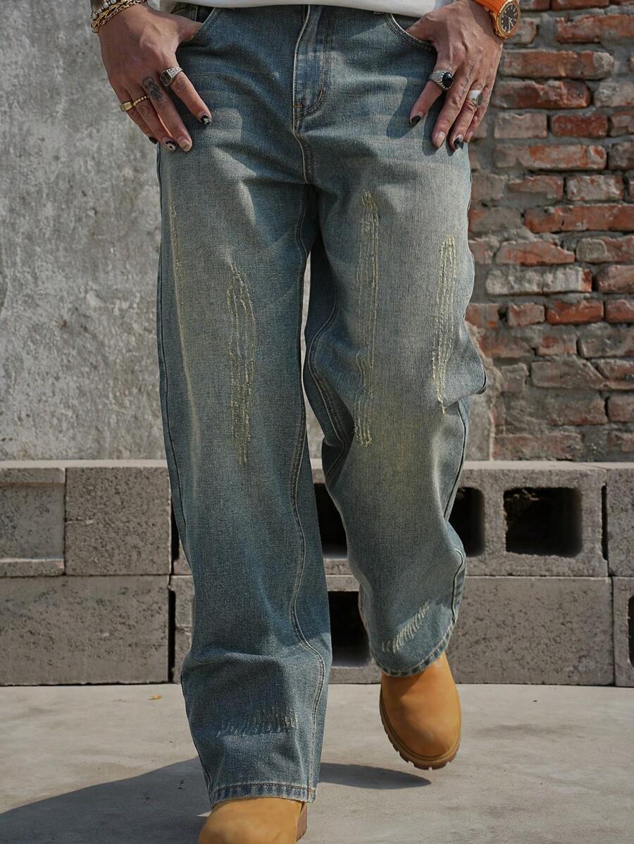 DAZY Men's Plain Wash Distressed Denim Jeans, All Season - Blue - View 1