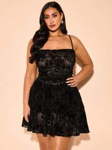 SHEIN BAE Plus Size Women's Black Velvet Double-Layer Ruffle Hem Slip Dress, Mini Dress, Suitable For Night Out,Birthday Dresses For Women,Graduation