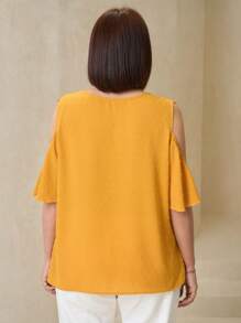SHEIN Clasi Plus Size Women's Splice Lace Open Shoulder Ruffle Short Sleeve Elegant Blouse - Yellow - View 2