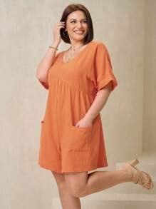 Chikora Plus Size Women V-Neck Solid Color Bat Sleeve Pocket Casual Romper - Orange - View 4