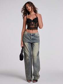 SHEIN BAE Women's Black Lace Corset Crop Top, Spring Vacation Beach Wear - Black - View 4