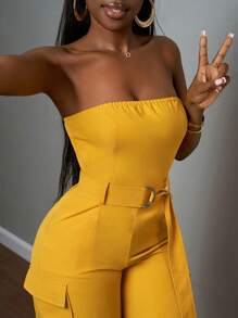 Slaydiva 2025 Summer New Arrival Music Festival, Easter, Western Style, Nomadic Style, St. Patrick's Day, Birthday Party, Graduation Season, Student Wear, Daily Outfit, Casual All-Match, Vacation, Cruise Travel, Beach, Sun-Bathing, Fashion, Street Style, Minimalist Casual, Utility Pockets, Strapless, Waist Tie, Metal Buckle, Yellow Women Jumpsuit - Yellow - View 6